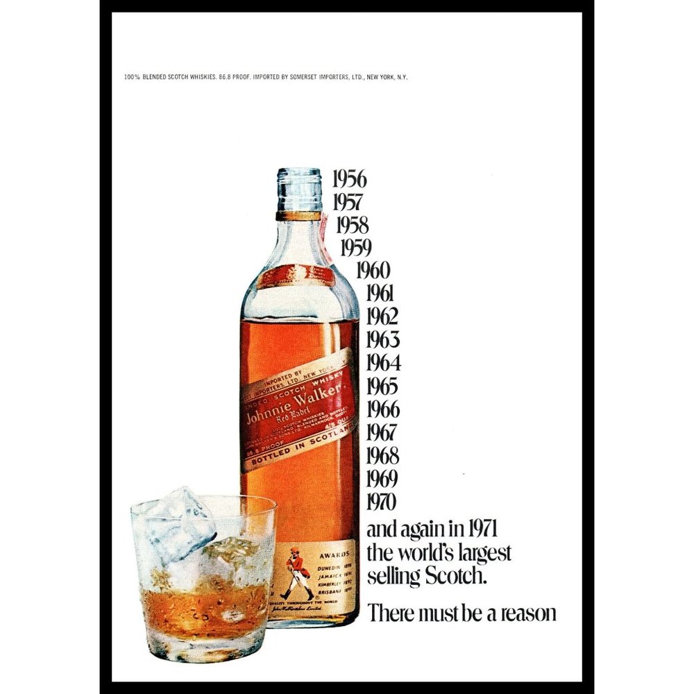 1972 Johnnie Walker Red Label Best Selling Scotch Whiskey Vintage Print Ad Decor